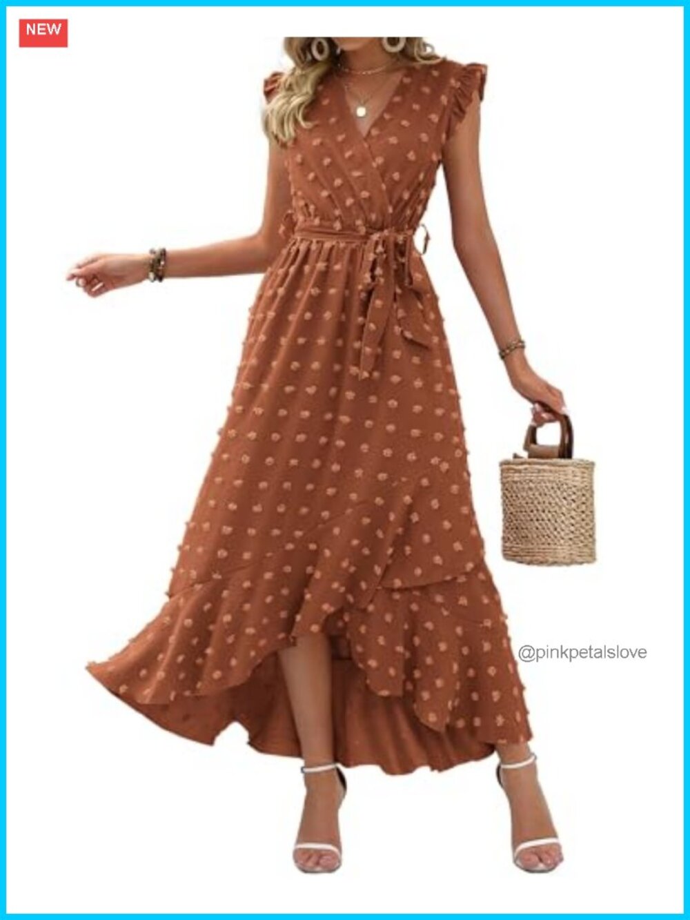 Swiss Dot Maxi Dress Sleeveless V-Neck Ruffle Hem Wedding Guest